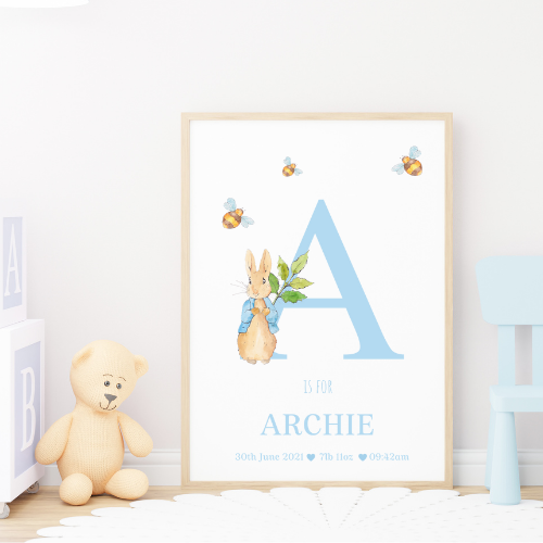 Peter Rabbit Print with Name & Birth Details Blue