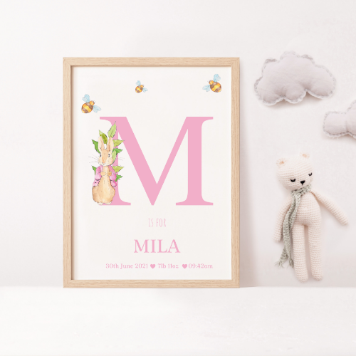 Peter Rabbit Print with Name & Birth Details Pink